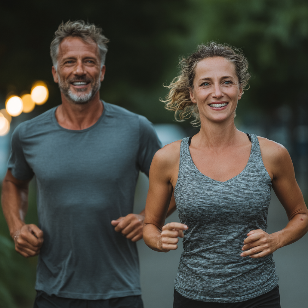 Healthy middle-aged couple in their late forties exercising outdoors in park, both wearing athletic wear and showing energetic lifestyle after following balanced nutrition plan