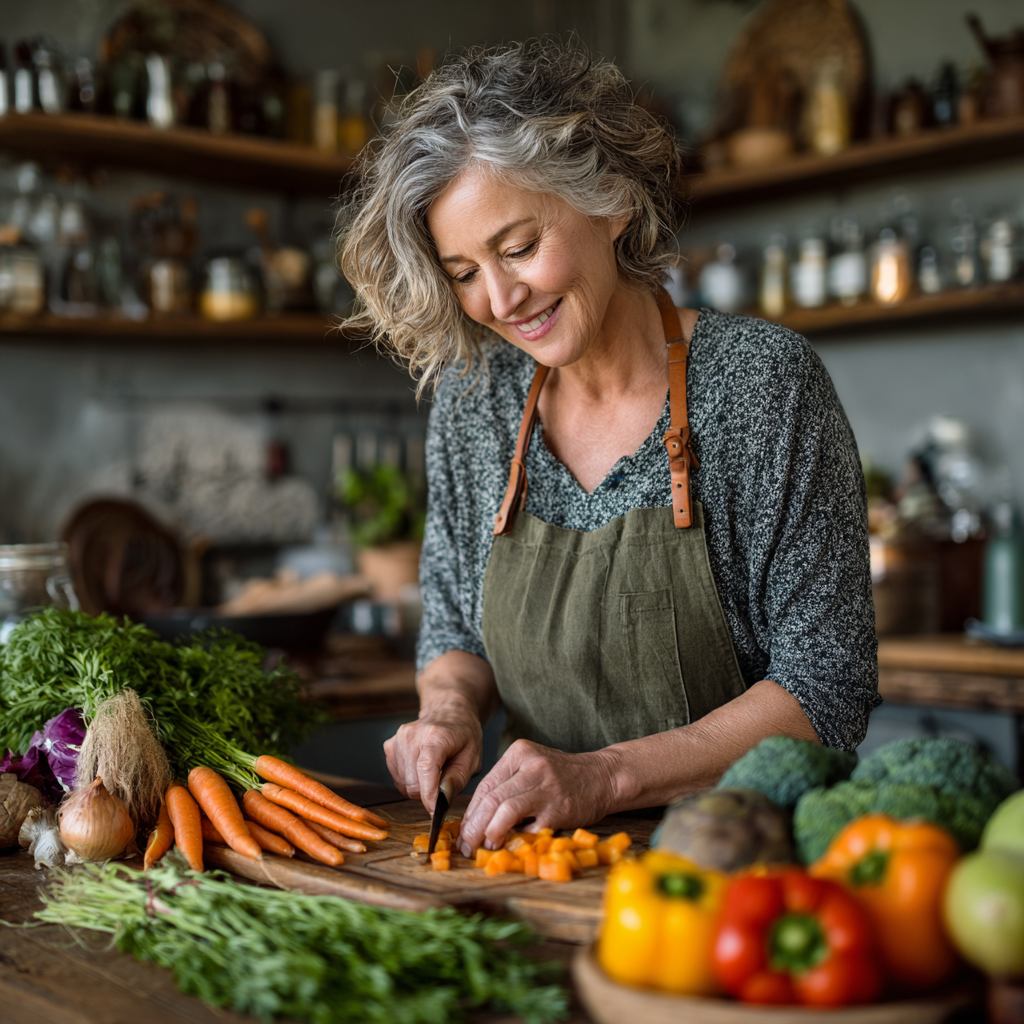 Mature woman in her fifties preparing healthy vegetables and fruits in modern kitchen, smiling while organizing nutritious meal ingredients on wooden cutting board