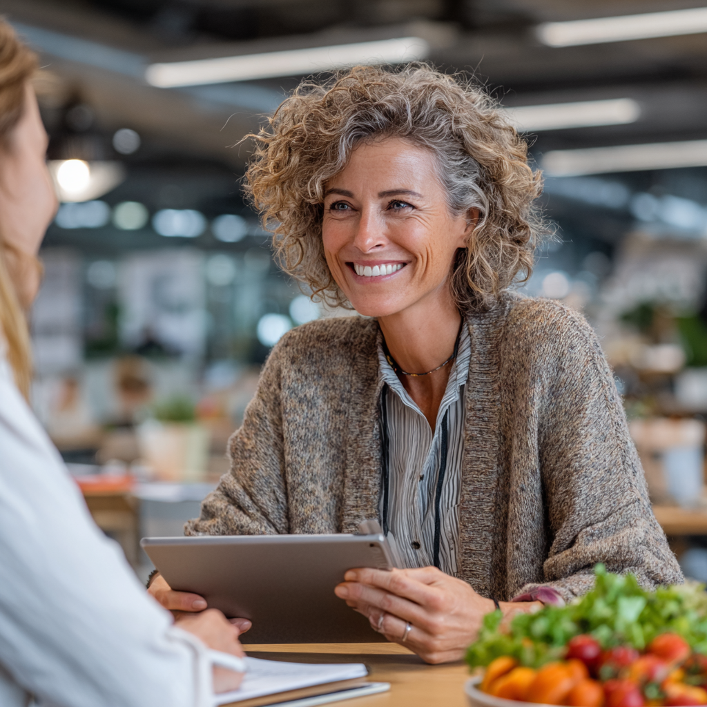 Professional nutritionist woman in her early fifties consulting with client using tablet, reviewing personalized meal plans and healthy food options in bright modern office setting
